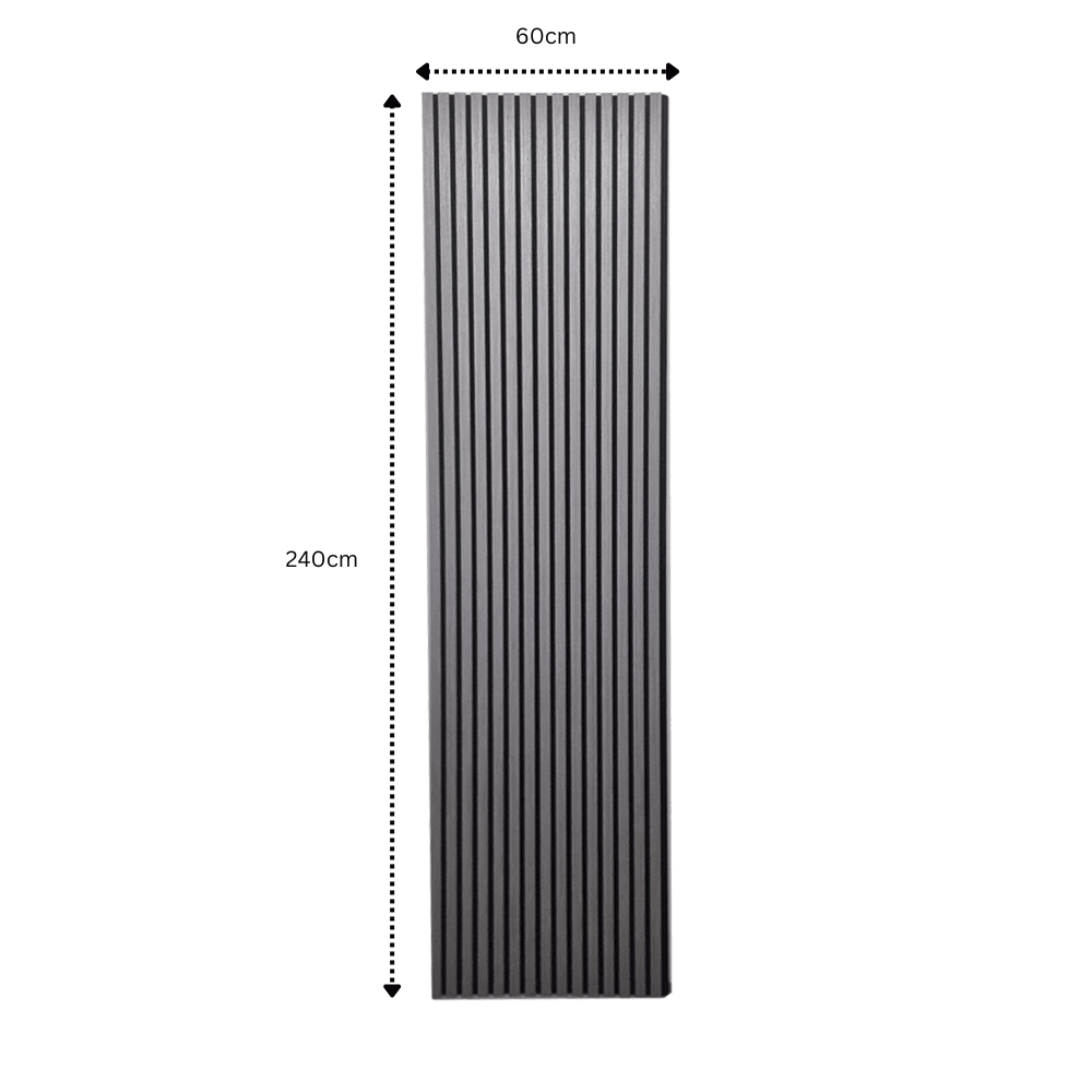 Dimensions and illustration of Acoustic Wood Slatted Wall Panels by Furnish 365 Limited, emphasizing high-quality luxury furniture craftsmanship.